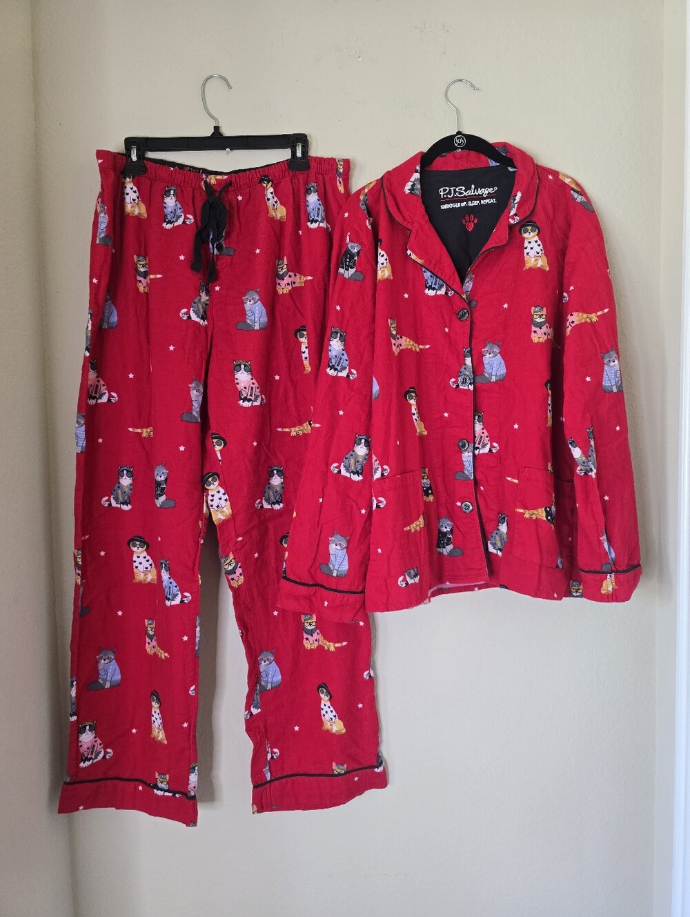 PJ Salvage Womens Fluff You Cats Flannel Pajama Set Red Sz XL